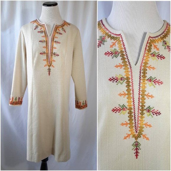 Vintage Dresses & Skirts - Vtg 60s 70s Berkshire B Tween Fall Embroidered Hippy Boho Shift Midi Dress